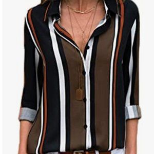 V Neck Striped Roll up Sleeve Button Down Blouses